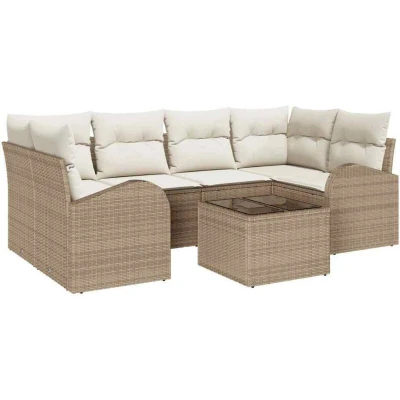 Image of vidaXL 7 Piece Garden Sofa Set with Cushions Beige Poly Rattan