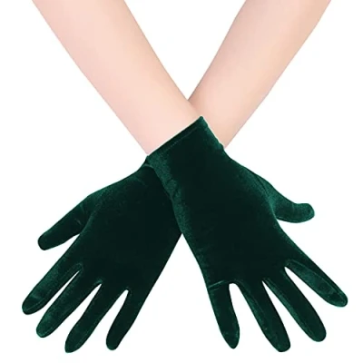 Image of EORUBE Short Opera Velvet Gloves for Women 1920s Flapper Stretchy Wrist Length Banquet Tea Party Halloween Costume (Dark Green)
