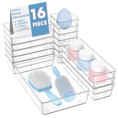 Image of Radikor 16pcs Drawer Organiser Set, Clear Makeup Trays Plastic, 4 Size Desk Inserts Dividers, Acrylic Storage Bins for Makeup, Cosmetic, Officce, Bathroom, Gadgets
