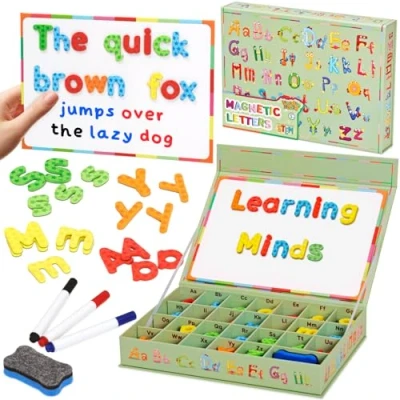 Image of Learning Minds Magnetic Letters Alphabet Foam &amp; Play Desk With Built in Board Educational Spelling Toy For Kids Magnets Set Toddlers