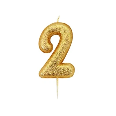 Image of Anniversary House Metallic Gold Glitter Candle, Number 2, 2nd Birthday Cake Topper, 7 Centimeters, AHC90/2