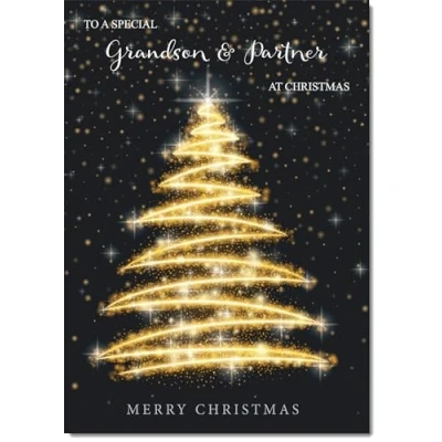 Image of doodlecards Grandson and Partner Christmas Card Black Gold Abstract Tree Medium Size for &amp; with Plain Envelope