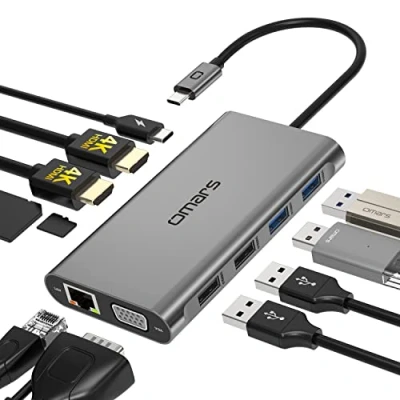 Image of Omars USB C Hub, 11 in 1 Type Adapter Docking Station, Dual 4K HDMI Triple Display, with Ethernet, VGA, 4 Ports, SD/TF Card Reader, 100W PD Charging Port for MacBook/Pro/Air and Laptops