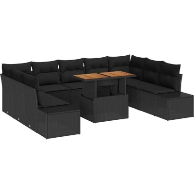 Image of vidaXL 10 Piece Garden Dining Set with Cushions Black Poly Rattan Acacia