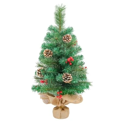 Image of Mini Christmas Tree, 60cm Tabletop Tree Ornaments with Pine Cones and Red Berries Decoration for Xmas, Home, Kitchen, Dining Table Decor