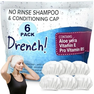 Image of Drench! No Rinse Shampoo Cap Waterless and Conditioner Hair Wash Dry Washing Aids with Aloe Vera Vitamins Caps for Elderly Pack of 6