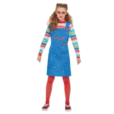 Image of Smiffys Chucky Costume in Blue for Kids, Dress and Top, Officially Licensed, Dungaree Striped Top with Colour Block Cuffs, Ideal Halloween Matching Costumes