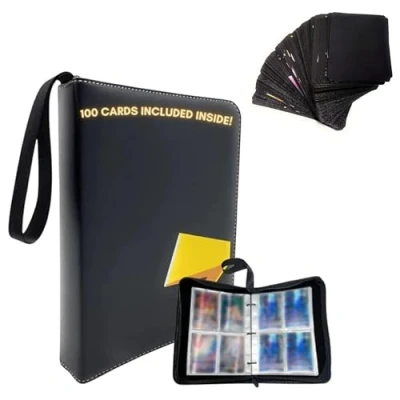 Image of Album for 400 Cards with 100 Included (55 Black PVC and 5 Random Card Envelopes) Collectible Case made of Leatherette Zipper Closure.