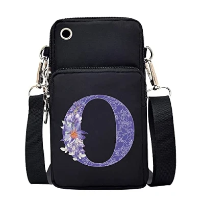 Image of FINDING CASE initial letter Printed Women Girls men Zipper Waterproof Nylon 3 Layers Crossbody Bags Wallet Cellphone Purse Shoulder Bag Wristlet Handbags Adjustable Strap (Purple flower O)