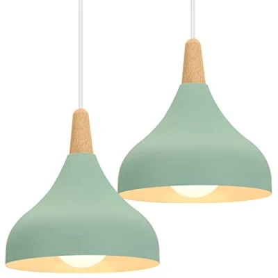 Image of iDEGU Set of 2 Retro Pendant Ceiling Lights Modern Drop Style Hat Lampshade E27 Light Fixture in Metal Wood Lamp for Bedroom, Dining Room, Kitchen, Φ 20 cm (Green)