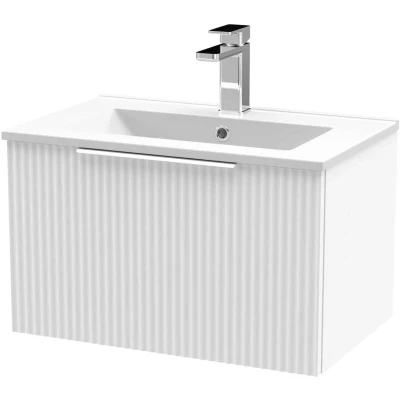 Image of Hudson Reed DFF194B Fluted Modern Bathroom Wall Hung 1 Drawer Vanity Basin Unit with Minimalist Ceramic Basin, 600mm, Satin White