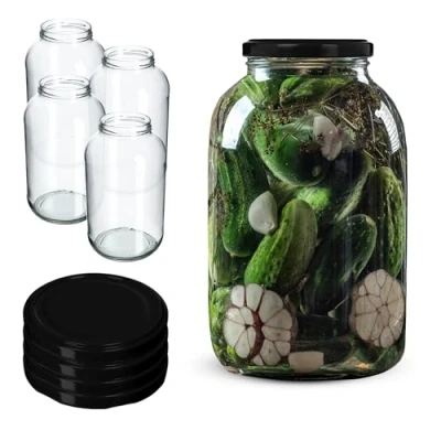 Image of KADAX Glass Jars 4 L, Large with Wide Mouth for Preserving, Pickling and Fermenting, Storage Pickles Sauerkraut (Set of 4, Black Lids)