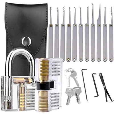 Image of Loboo Idea 17 Piece Lock Pick Set, Padlock Picking Tools Kit with 2 Transparent Training Locks for Beginner and Pro Locksmiths (17 Transparent)