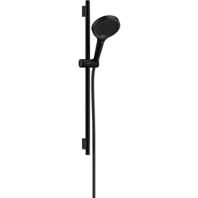 Image of hansgrohe Rainfinity water saving shower set, head (EcoSmart) with rail 65cm, holder and Designflex textile hose 160cm, hand 3 sprays, matt black, 28746670, 28746670