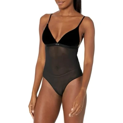 Image of HUGO Women&#039;s Velvet Bodysuit with Mesh Detail Shapewear, Stormy Black, S