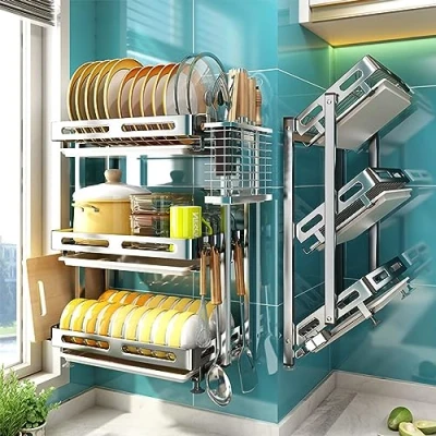Image of Wall mounted 3 Tier Dish Drainer, Drying Rack with Drip Tray, Foldable 304 Stainless Steel Shelf Utensil Cutting Board Holder for Kitchen Counter
