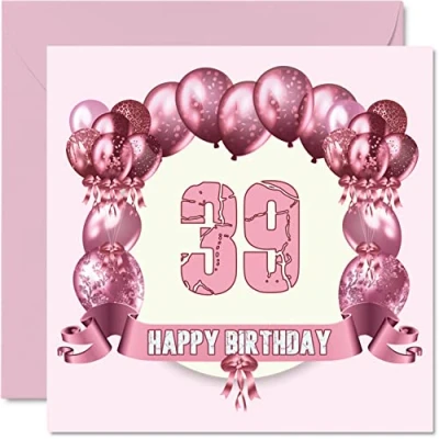 Image of Fun 39th Birthday Cards for Woman Balloons Happy Card Dad Mum Son Daughter Brother Sister Uncle Auntie Cousin, 145mm x Greeting Cards,