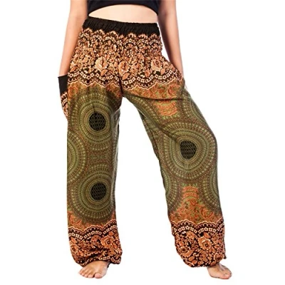 Image of Lofbaz Harem Pants for Women Hippie Boho Festival Clothing Bohemian Trousers Yoga Beach Summer Smocked Waist with Pockets Rose 1 Green S