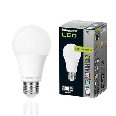 Image of Integral LED E27 Non Dimmable Dusk to Dawn Dual Sensor Frosted GLS Bulb Daylight White 5000K, 806lm, 8W (60W Equivalent) Energy efficient &amp; Ideal for Outdoor, Porch, Garage, Garden, Patio