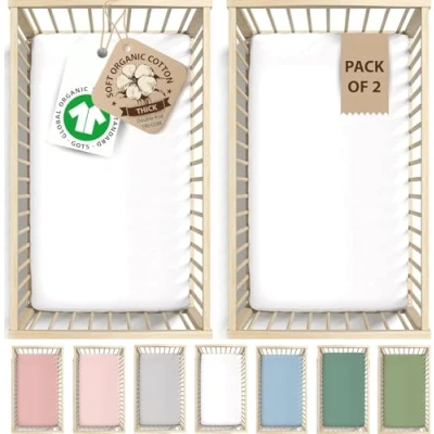 Image of Bunnyjik GOTS Organic 2 x Spacesaver cot Fitted Sheets 100x50 cm Double Thickness Mini Bed 100% Cotton Space Saver 100 50 sheet
