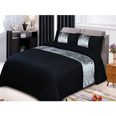 Image of ROOEE Crushed Velvet Panel Duvet Cover with Pillowcase Bedding Set. [ Colour Black Size Single ]