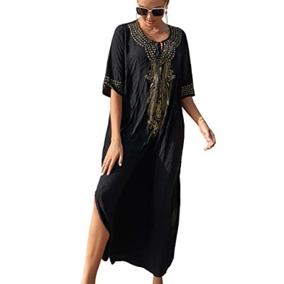 Image of YouKD Cotton Embroidered Floral Loose Kaftan Boho Beach Bikini Cover Up Dress Plus Size Nightgown for Women
