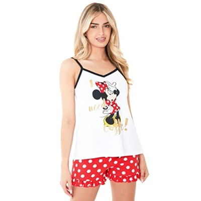 Image of Disney Stitch Womens Pyjamas Vest Short PJs for Women Sets Sleeping Beauty Minnie Mouse Teenager 2 Piece Sizes S XL Nightwear Loungewear Gifts (White/Red Minnie, M)