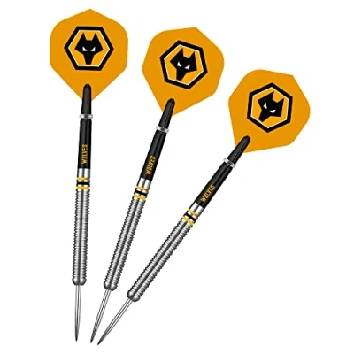 Image of FOCO Officially Licensed Wolverhampton Wanderers Football Club Wolves FC Steel Tip 90% Tungsten Darts Set, Black, Yellow (D1424) 24g