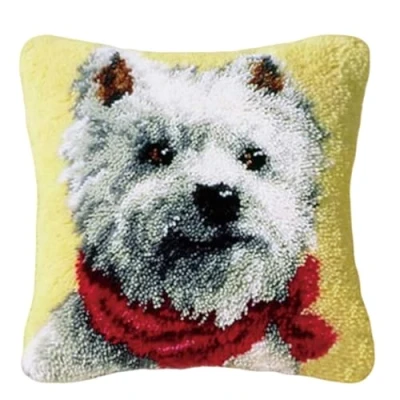 Image of CAIRF White Puppy Pattern D Latch Hook Pillow Case Kits Embroidery DIY Cover Sofa Cushion Kit for Starters Adults or Children, 43 X cm