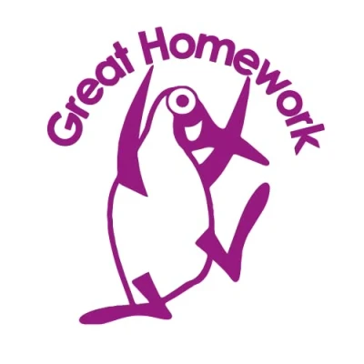 Image of SuperStickers &#039;Great Homework&#039; Pre Inked Teacher Stamp for Marking in Purple Ink with Penguin Image.