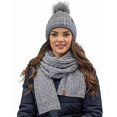 Image of Vivisence Stylish Women&#039;s Winter Set Hat with Pompom and Warm Fleece Lining Paired Classic Matching Scarf Made from Soft Fabric Perfect for Cold Weather, Light Grey,UNI