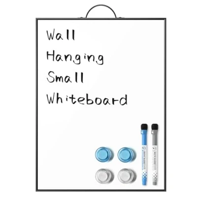 Image of ANLIOTE Small Hanging Whiteboard for Wall, 40 x 30 cm Portable Dry Erase Board A3 Magnetic Surface with Handle, Aluminum Black Frame Mini Notice Home Kitchen, Office, School, 2 Marker Pens