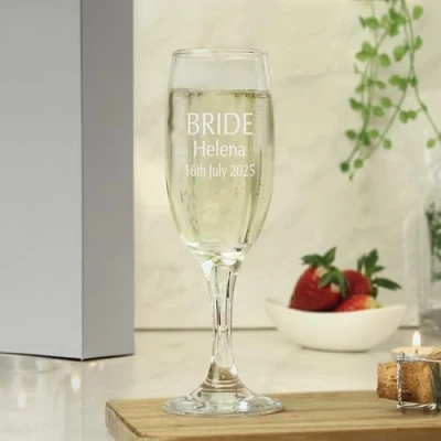 Image of Custom Personalised Engraved Bride Champagne Flute Glass with Box. Ideal for Weddings.