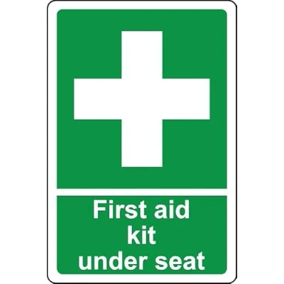 Image of First aid kit under seat safety sign Self adhesive sticker (150mm x 100mm)
