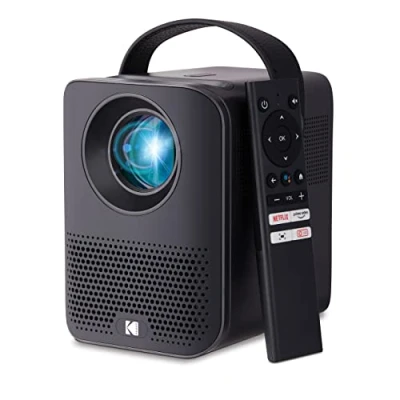 Image of KODAK FLIK HD9 Smart Projector Mini Black Portable Indoor &amp; Outdoor Movie with Android TV Streaming Apps, Wi Fi and Bluetooth, Built in Speakers Voice Remote FHD 1080p for Screens Up to 120