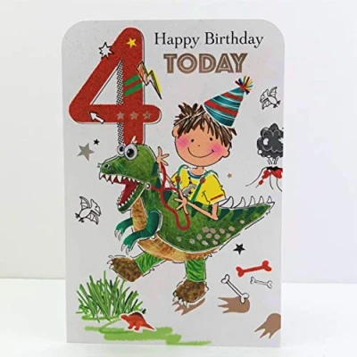 Image of Jonny Javelin Boy Age 4 Birthday Card Dinosaur