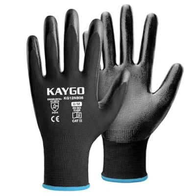 Image of KAYGO Safety Work Gloves Nitrile Coated, Good Grip and Dexterity, 12 Pairs General Purpose Durable Working for Men Women, Ideal Construction Warehouse Automotive DIY, KG12N (Black, M)