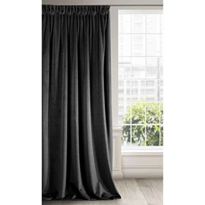 Image of Eurofirany Soft Plain Opaque Velvet Curtain with Rufflette Tape For Rail 1 Unit, Thick Fluffy Panel Drape Classic Glamour Elegant Living Room Bedroom, W55&#039;&#039; x L106&#039;&#039;, 140x270 cm, Black