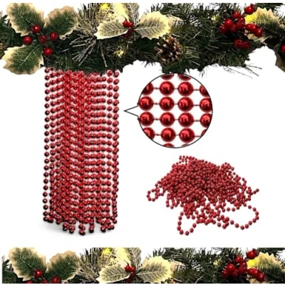 Image of 10m Christmas Bead Garland, Luxury Tree &amp; Room Decoration, 8mm Beads, Long Decoration Chain. (Red)