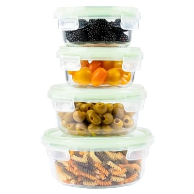 Image of Home Fleek Airtight Round Glass Food Containers with Lids Stackable Storage Containers, Space Saving, Airtight, Microwave, Oven and Freezer Safe Meal Prep (Set of 4, Green)