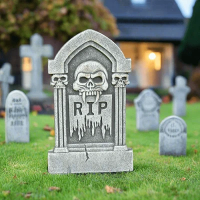 Image of Cackle &amp; Co Halloween Tombstone Decoration Graveyard Party Prop Grey Skull Arch 15&quot; 38cm