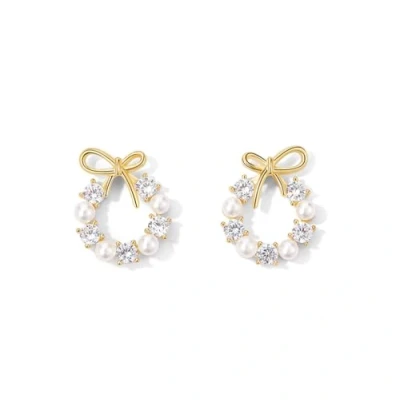 Image of YAXUN 925 Sterling Silver Gold Plated Bow Stud Earrings For Women with Shell Pearl and Austrian Crystal Diamond Hoop Drop Fashionable Lovely Jewellery Gifts Ladies Girls