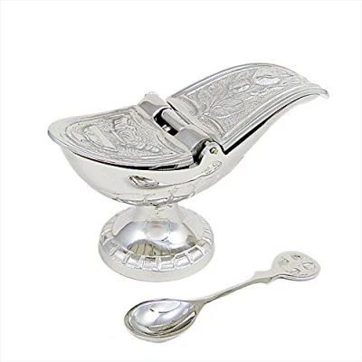 Image of NKlaus incense burner with hinged lid and spoon solid brass nickel plated 2947