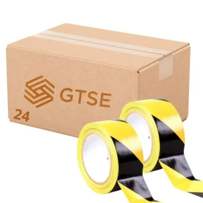 Image of GTSE Hazard Tape Black and Yellow, 50mm (2&quot;) x 33m, Strong Adhesive Warning/Caution Tape, Floor Marking 24 Rolls