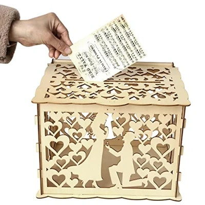 Image of Alnicov Wooden Wedding Card Box,Money Box With Lock Slot,DIY Money for Reception Anniversary Birthday Party Graduation Decoration(Proposal Large Size)