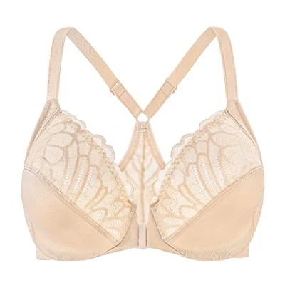 Image of MELENECA Women&#039;s Front Fastening Racerback Plus Size Stretch Lace Underwire Unlined Bras Pale Nude 36G
