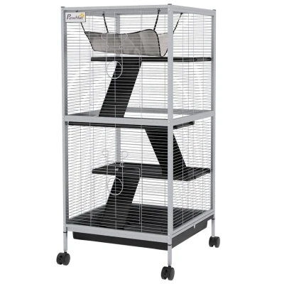 Image of PawHut Small Animal Cage with Wheels Pet Home for Chinchillas Ferrets Kittens, Hammock, 4 Platforms, Removable Tray, Grey