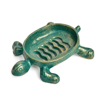 Image of Sungmor Heavy Duty Cast Iron Drainable Soap Holder Lovely Tortoise Shaped &amp; Antique Green Gold Finish Kitchen Bathroom Sink Dish Tray Practical Decorative Tabletop Box Container