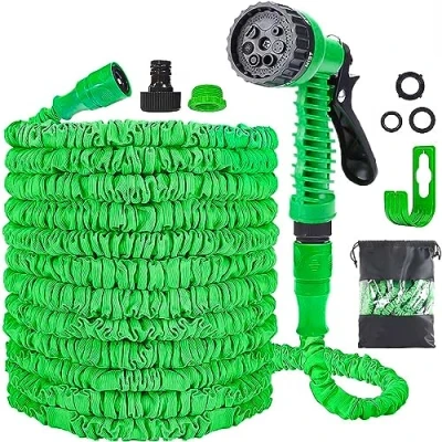 Image of Expandable Garden Hose Pipe 30m 100ft, Hosepipes for Flexible with 7 Function Spray Gun,Extendable Water Retractable Magic Gardening Car Washing (Green)