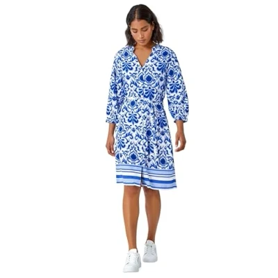 Image of Roman Originals Shirt Dress for Women UK Ladies Belted Collared Midi Maxi Summer Smart Casual Button Through Evening Office A Line Swing Skater Spring Holiday Vacation Royal Blue White Size 18